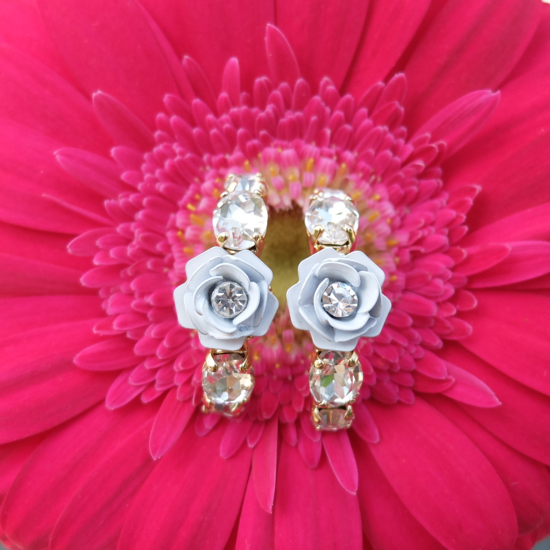 "Gemini" Hoop Earrings with White Camellia and Crystals