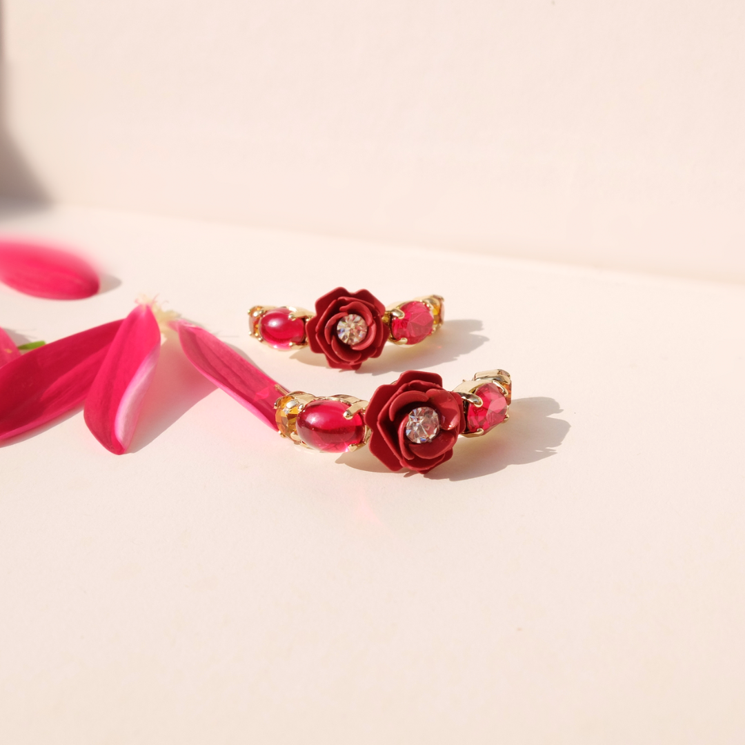 "Aries" Hoop Earrings with Red Camellia and Crystals