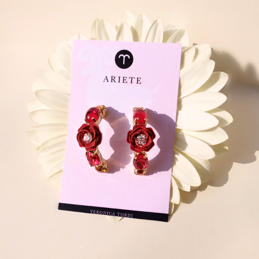 "Aries" Hoop Earrings with Red Camellia and Crystals