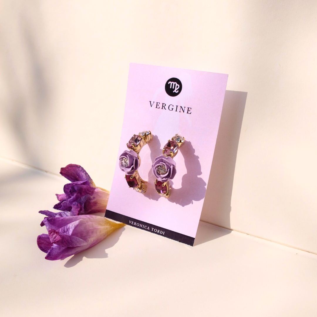 "Virgo" Hoop Earrings with Camellia Wisteria and Crystals