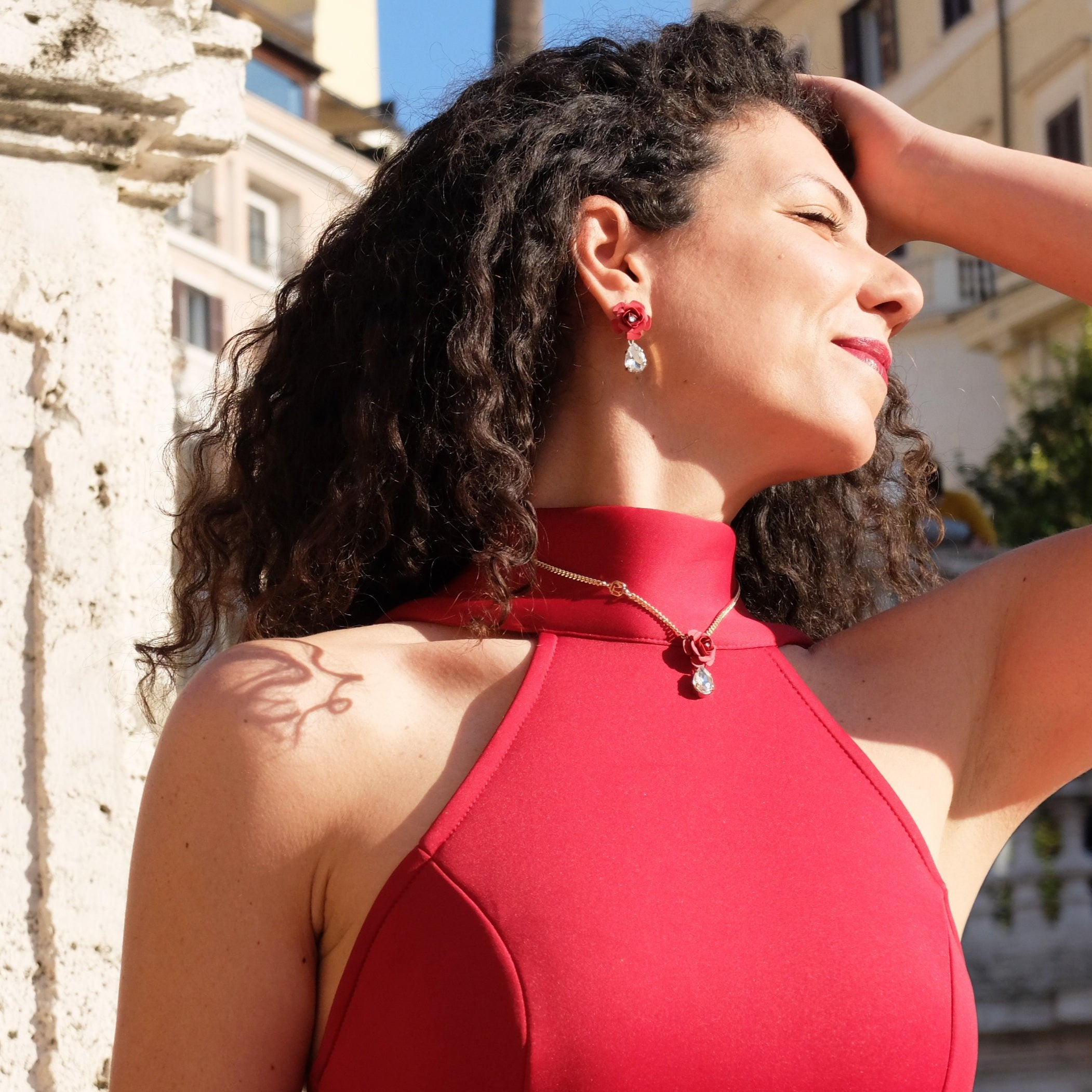 Red "Camelia" Pendant Necklace with Crystal Drop 