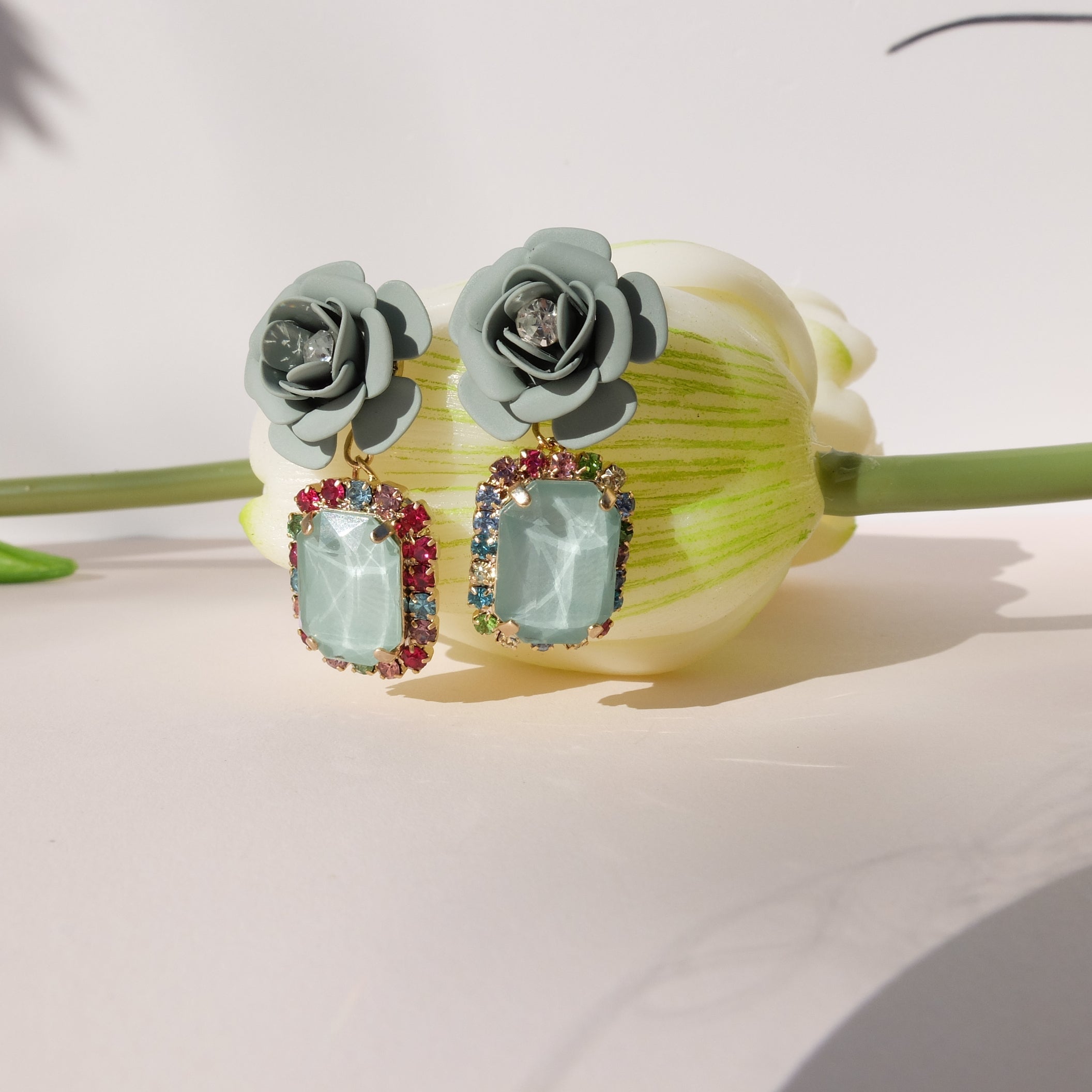Tropical Decò "Camelia" Earrings - Sage Green with Multicolor Crystals 