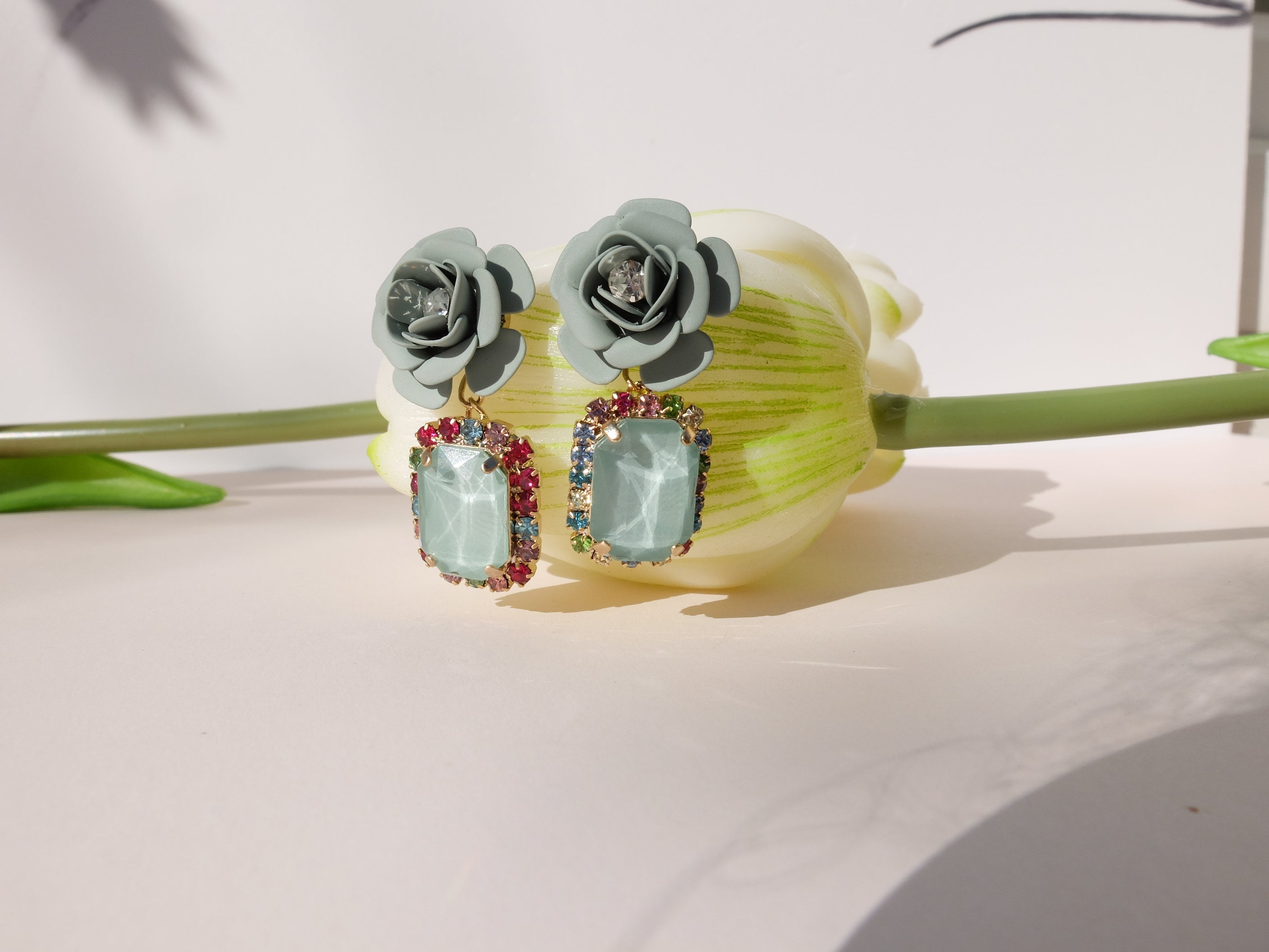 Tropical Decò "Camelia" Earrings - Sage Green with Multicolor Crystals 