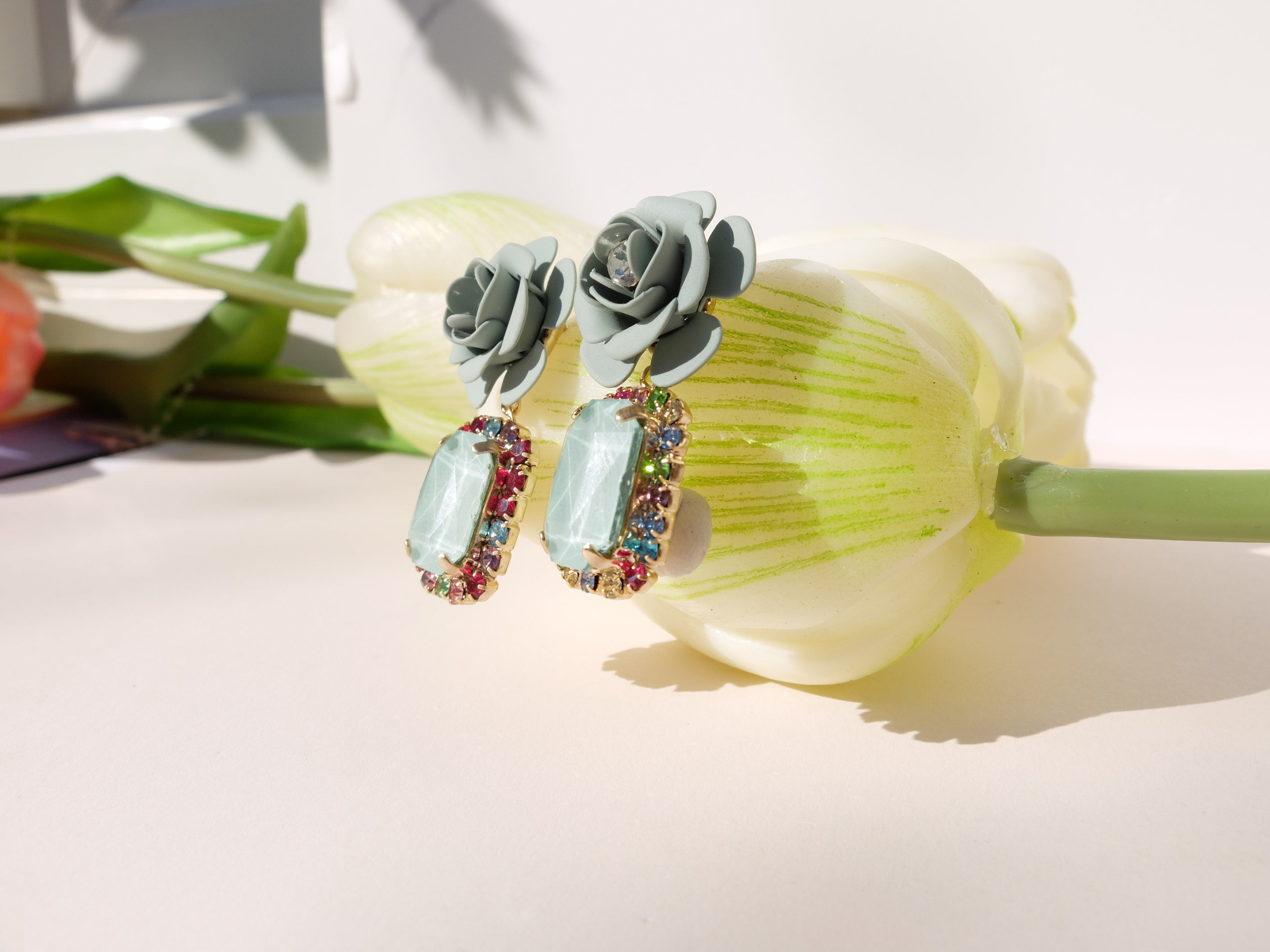 Tropical Decò "Camelia" Earrings - Sage Green with Multicolor Crystals 