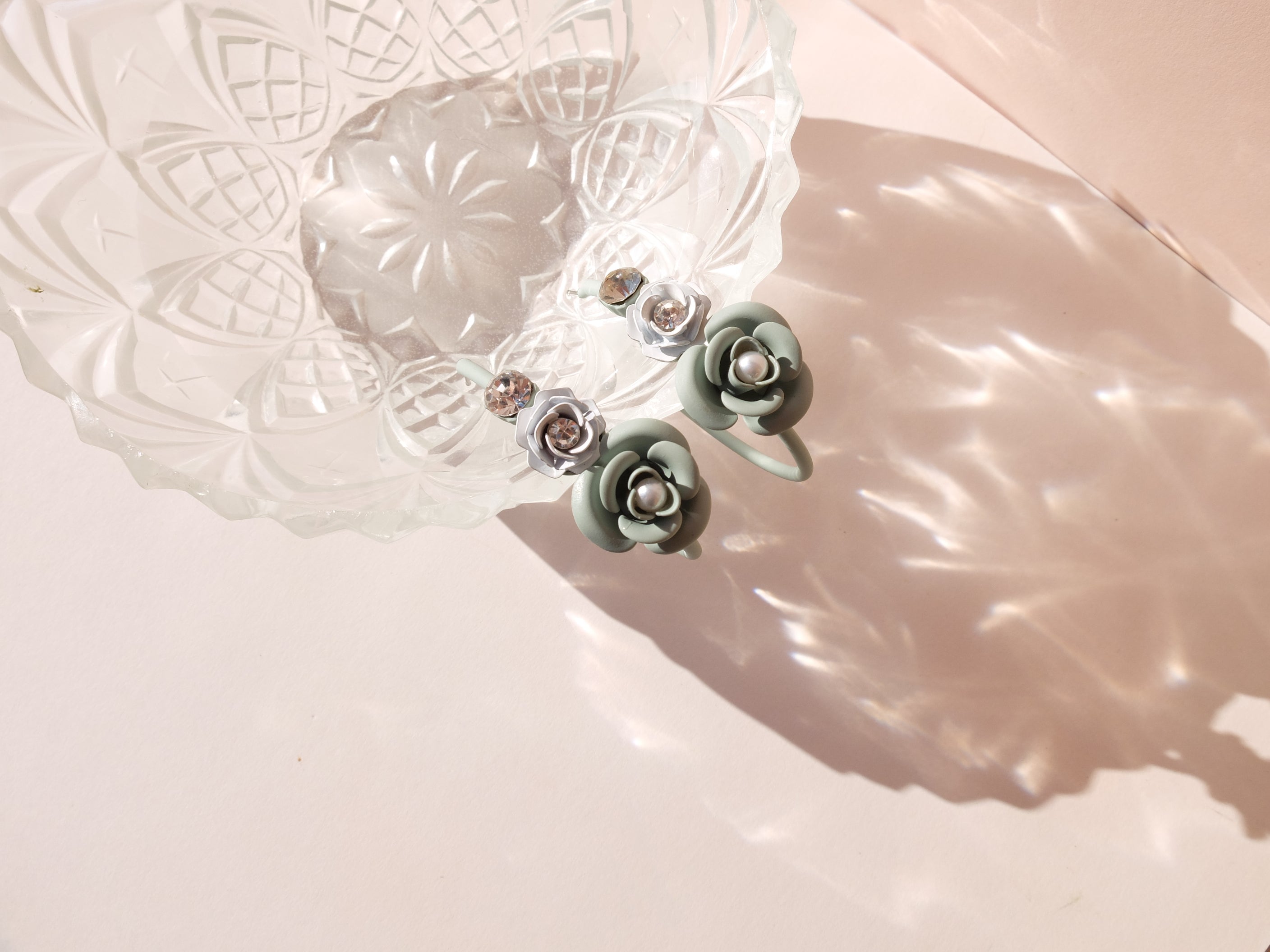 "Violetta" Hoop Earrings - Sage Green and White with Crystal 