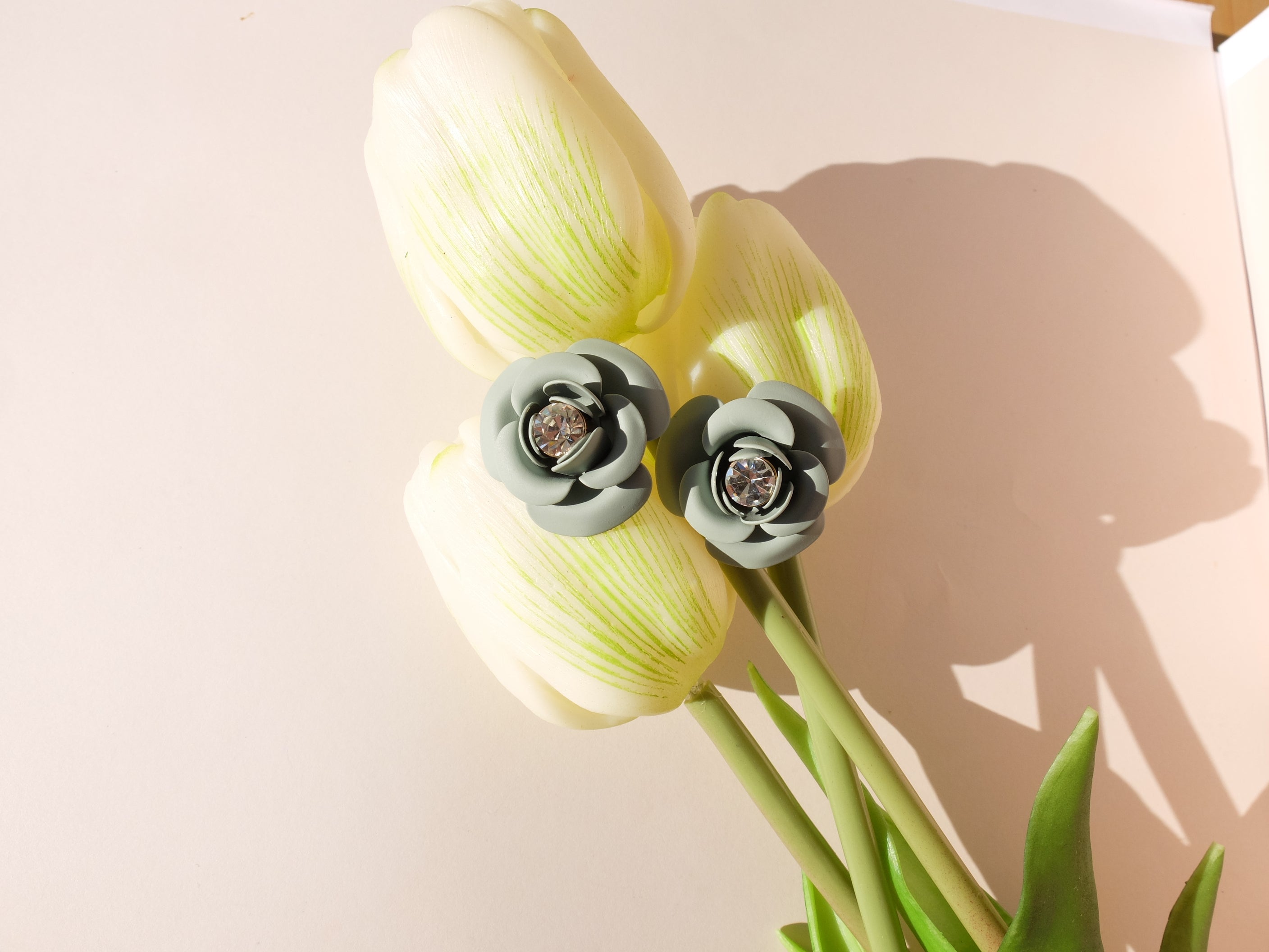 "Peony" Single Stud Earrings - Sage Green with Central Crystal 