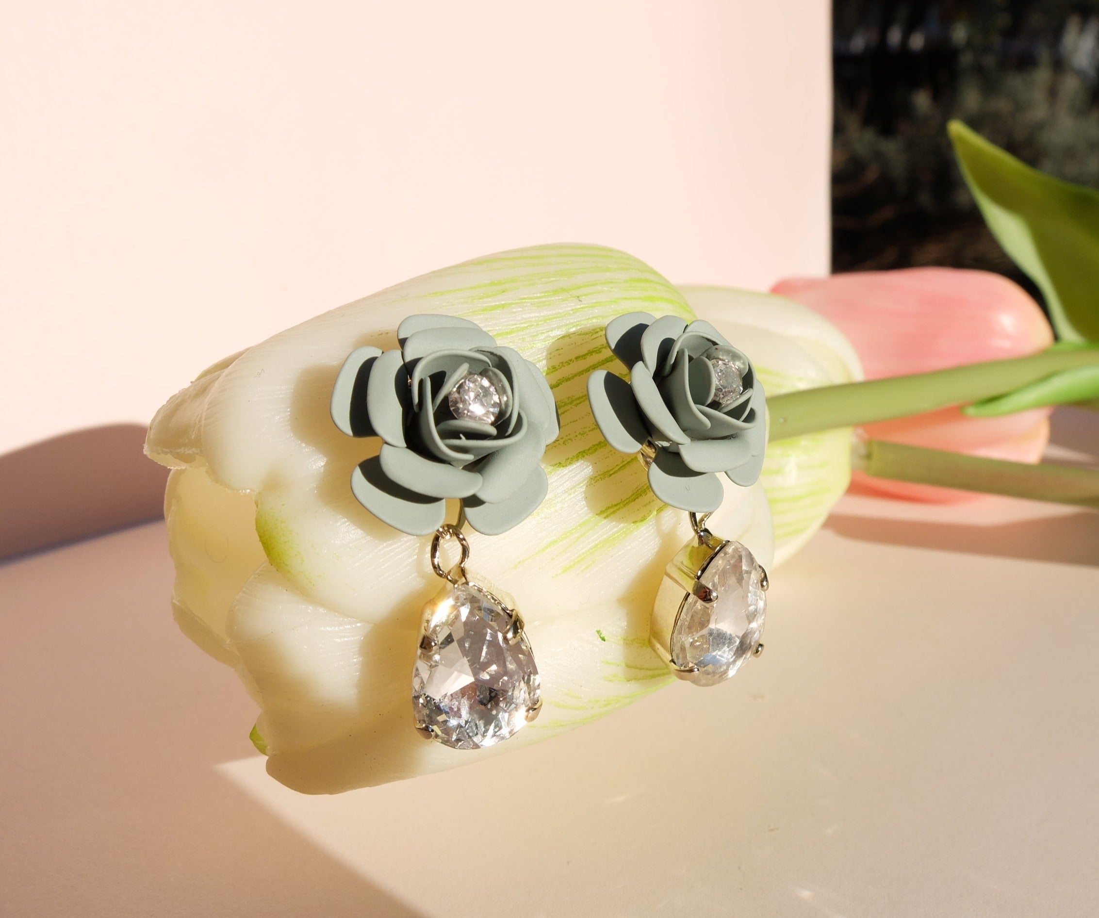 "Camelia" Sage Green Drop Crystal Earrings