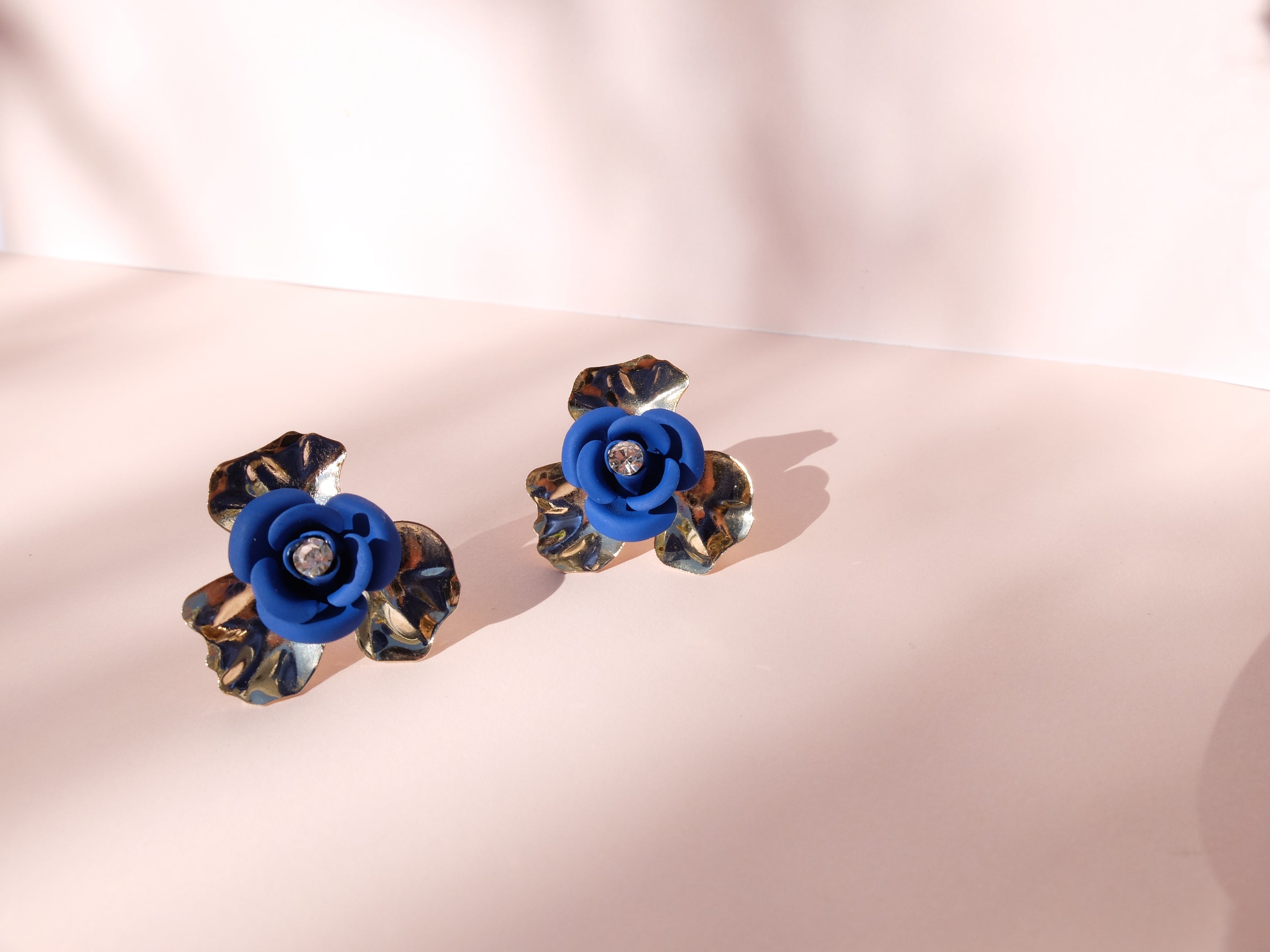 "Peony Sunset" Stud Earrings - Electric Blue with Central Crystal 