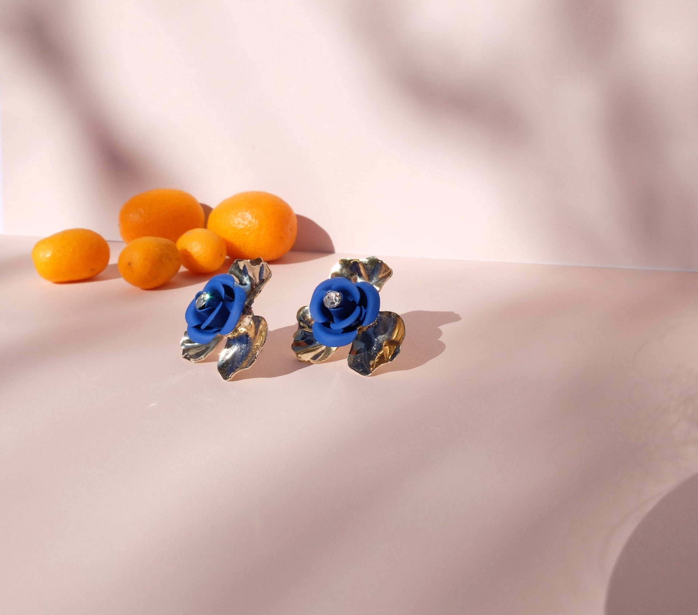 "Peony Sunset" Stud Earrings - Electric Blue with Central Crystal 