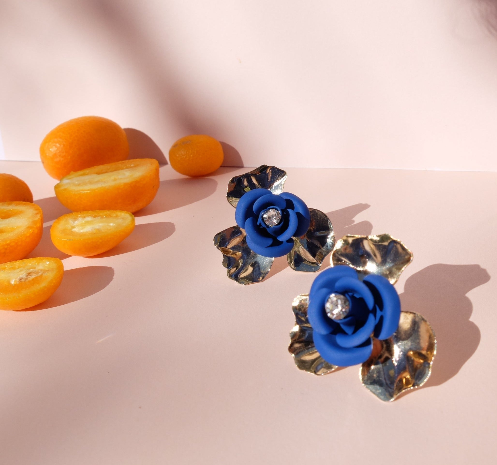 "Peony Sunset" Stud Earrings - Electric Blue with Central Crystal 