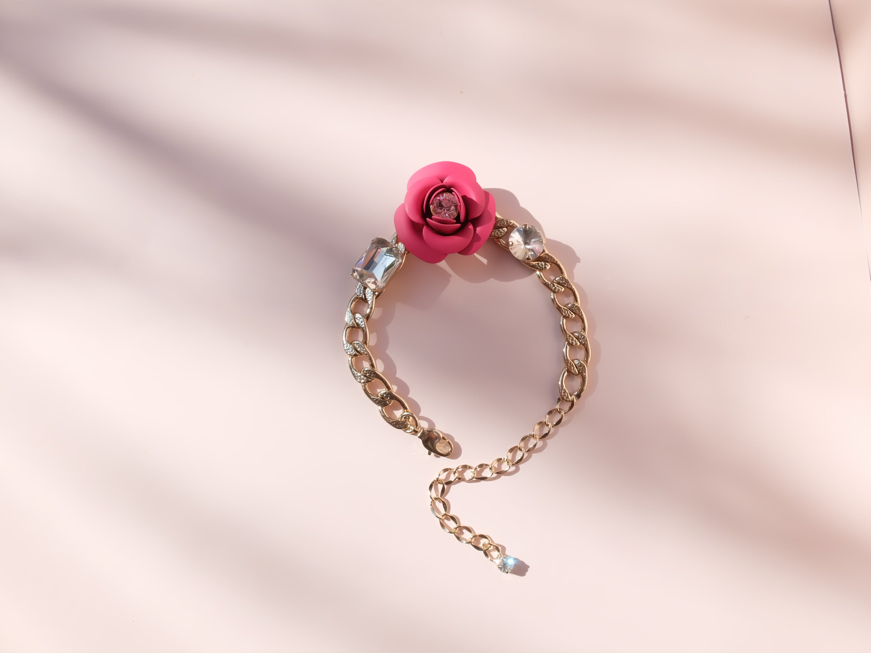 Adjustable Bracelet "Peony Sunset" - Fuchsia with Crystals 