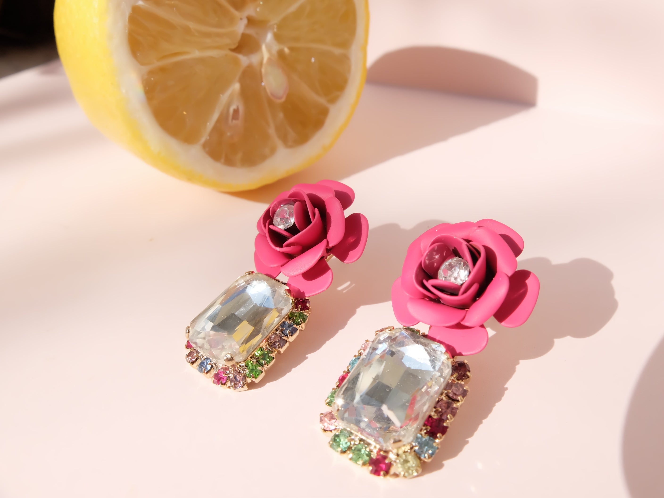 "Camelia" Fuchsia Earrings with Multicolor Crystals 