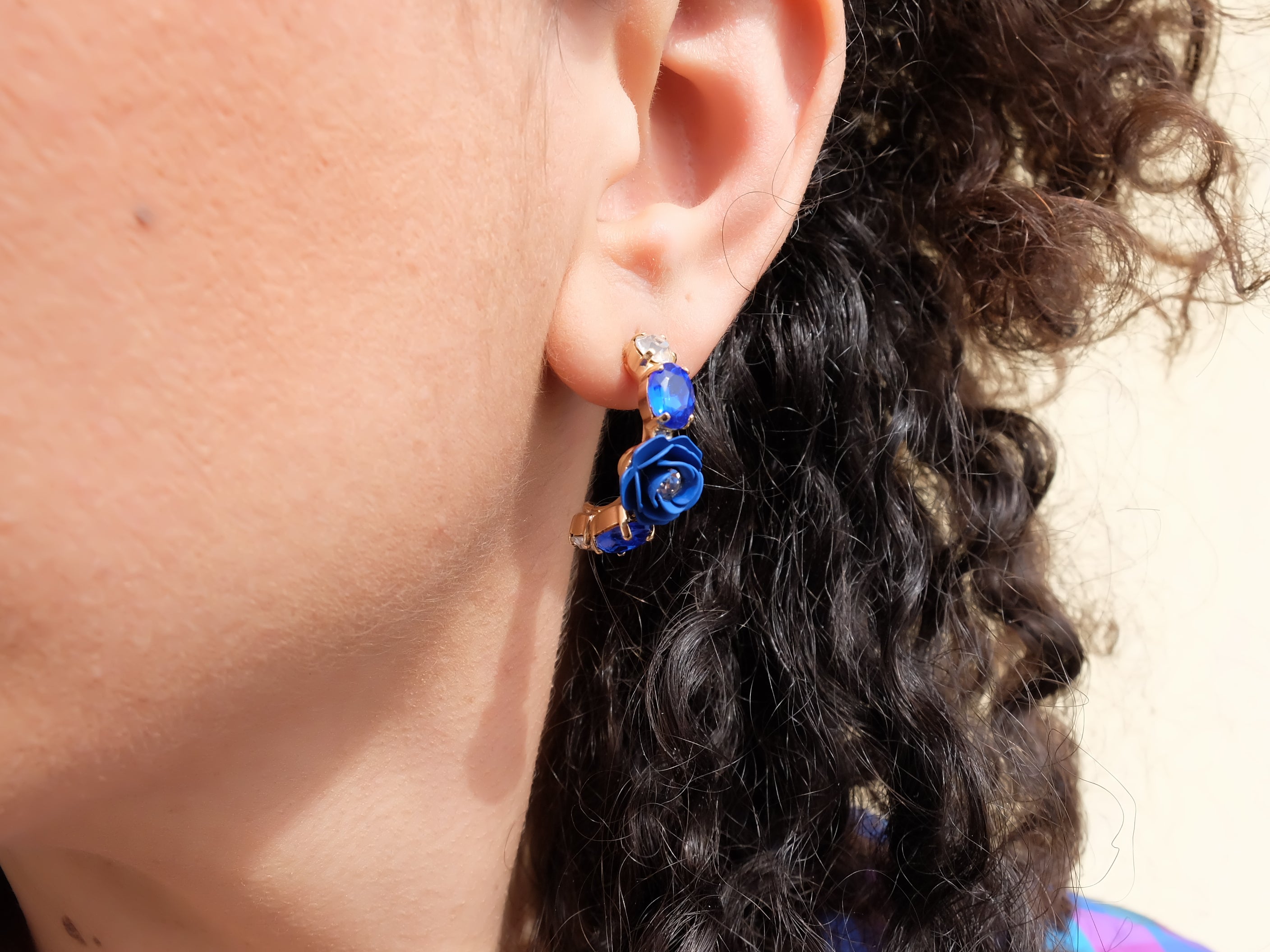 "Aquarius" Hoop Earrings with Blue Camellia and Crystals