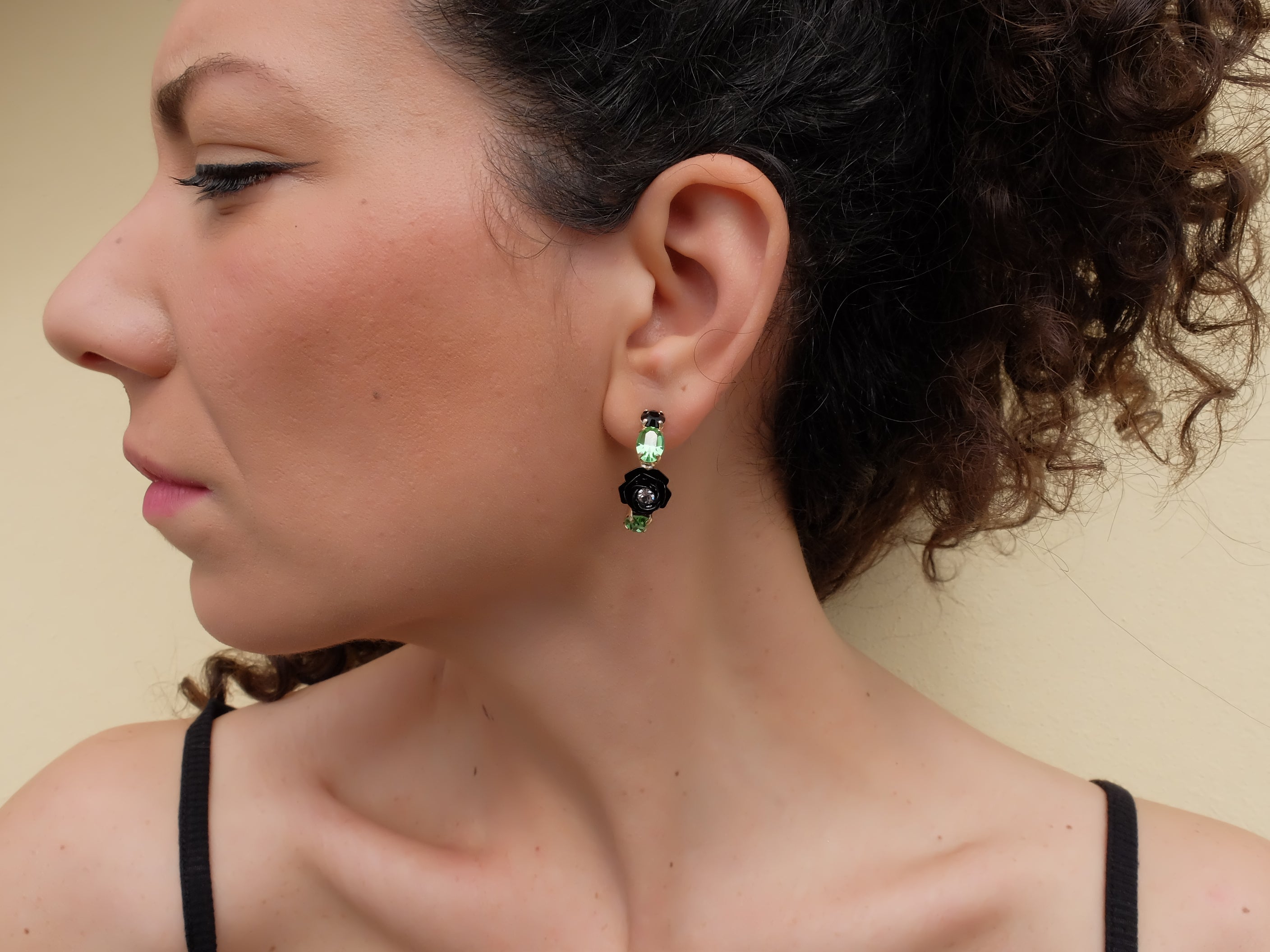 "Pisces" Hoop Earrings with Shiny Black Camellia and Crystals