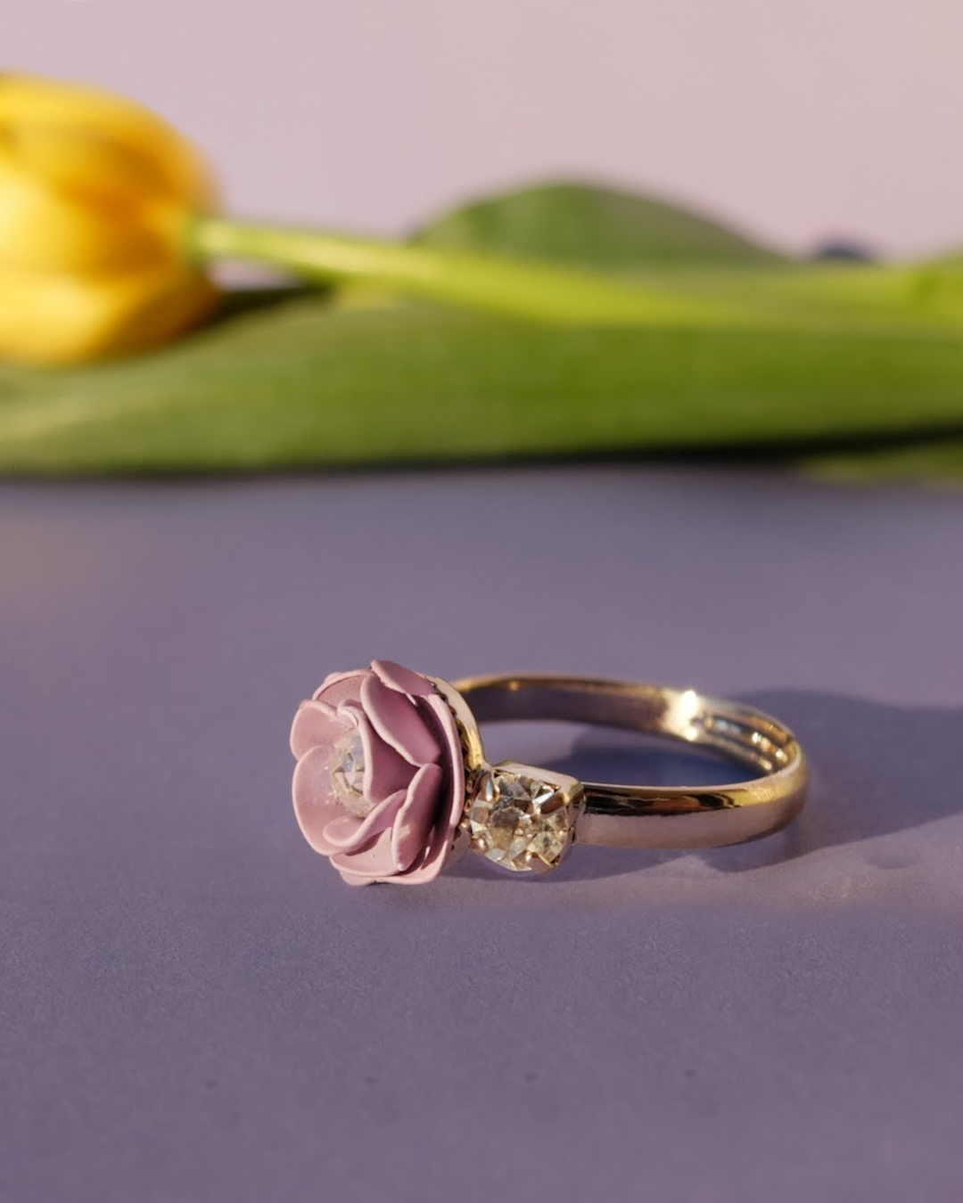 Adjustable Ring "Camelia" Wisteria with Crystals