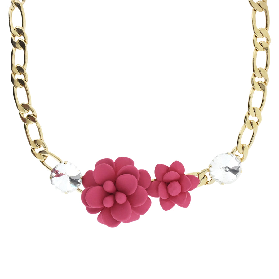 Fuchsia Hibiscus Necklace with Crystal Stones 