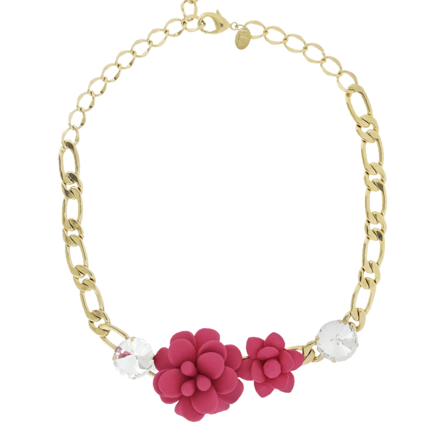 Fuchsia Hibiscus Necklace with Crystal Stones 