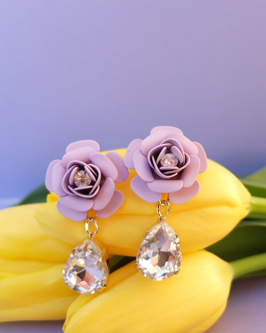 "Camelia" Dangle Earrings Wisteria with Crystal Drop 