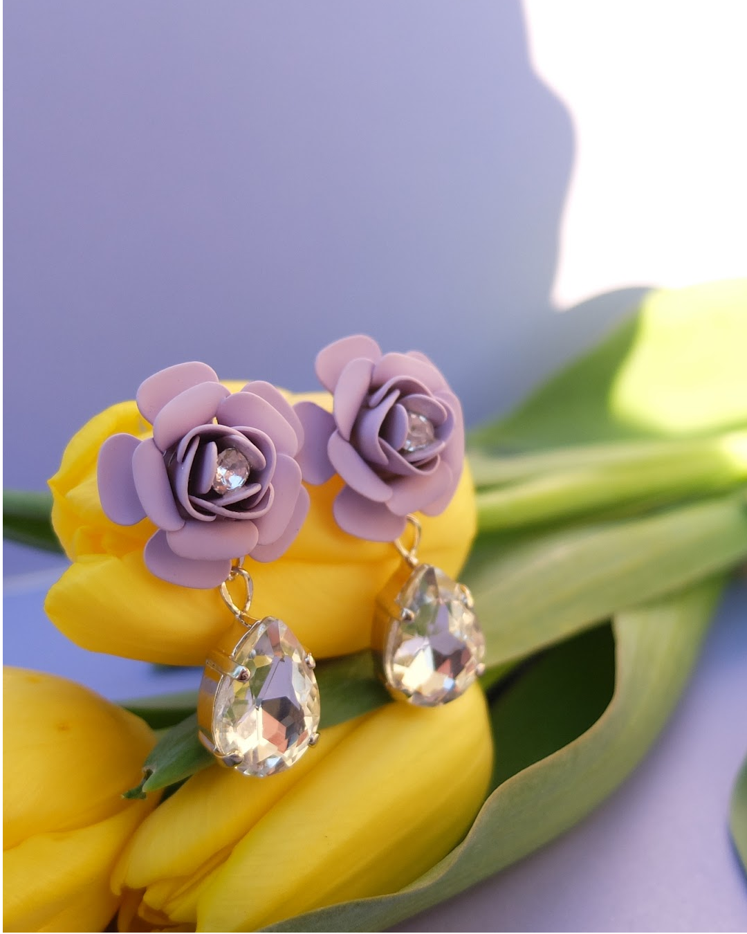 "Camelia" Dangle Earrings Wisteria with Crystal Drop 