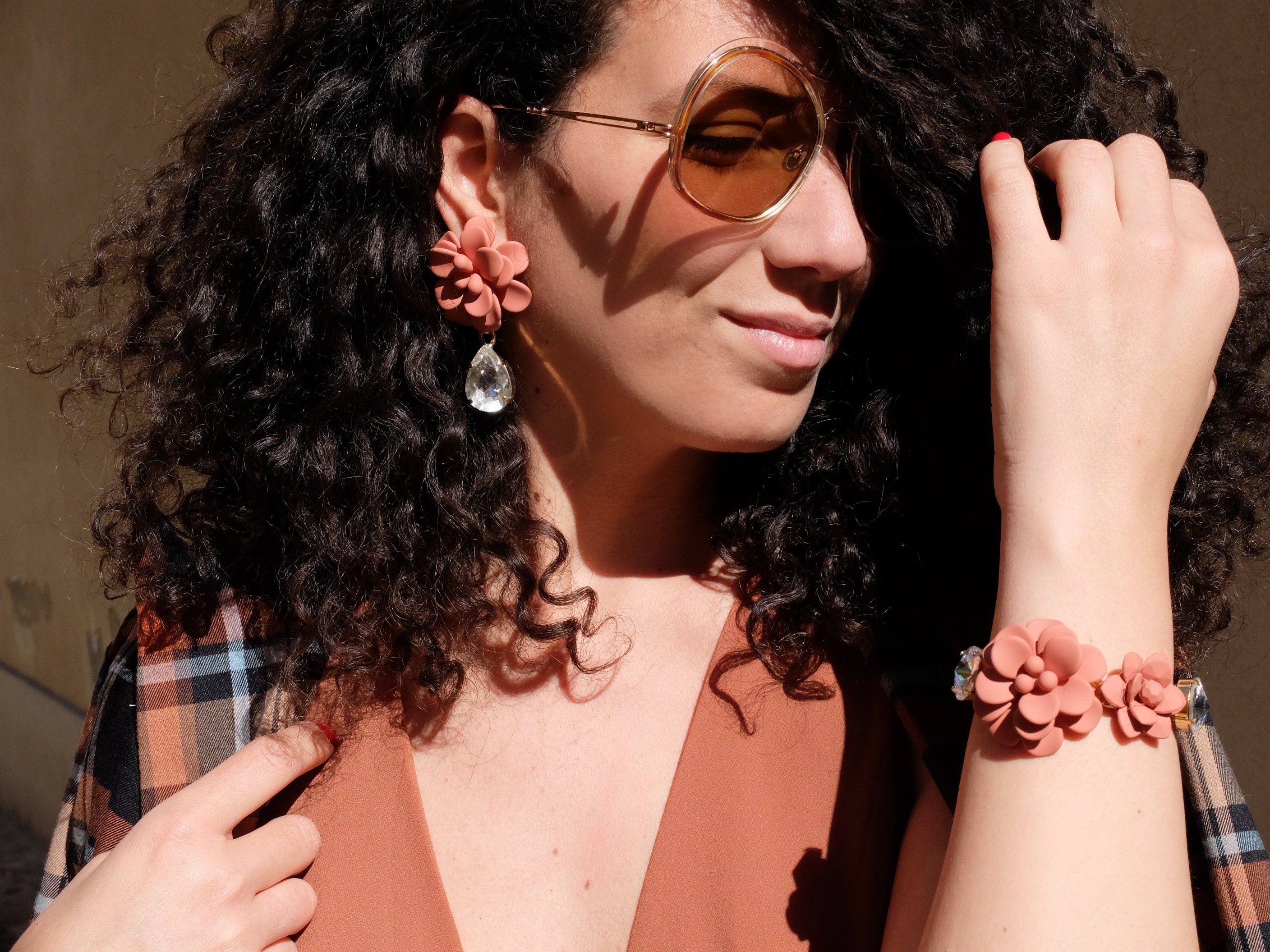 Terracotta Hibiscus Bracelet with Crystal Stones