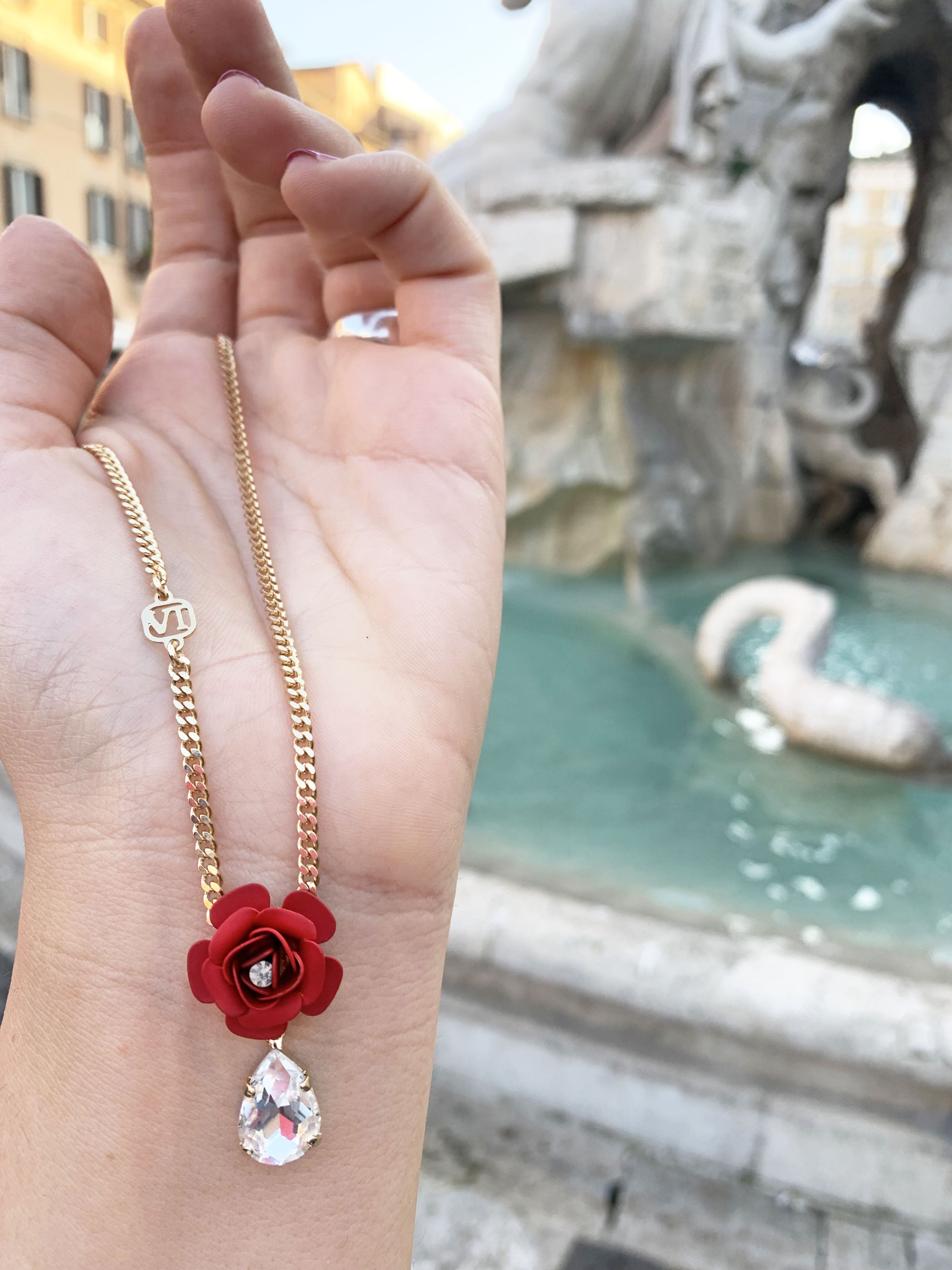 Red "Camelia" Pendant Necklace with Crystal Drop 