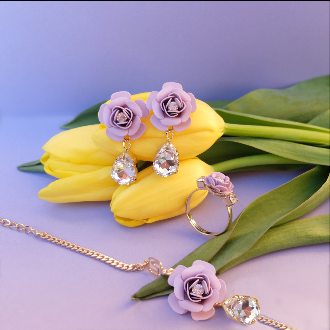 "Camelia" Dangle Earrings Wisteria with Crystal Drop 