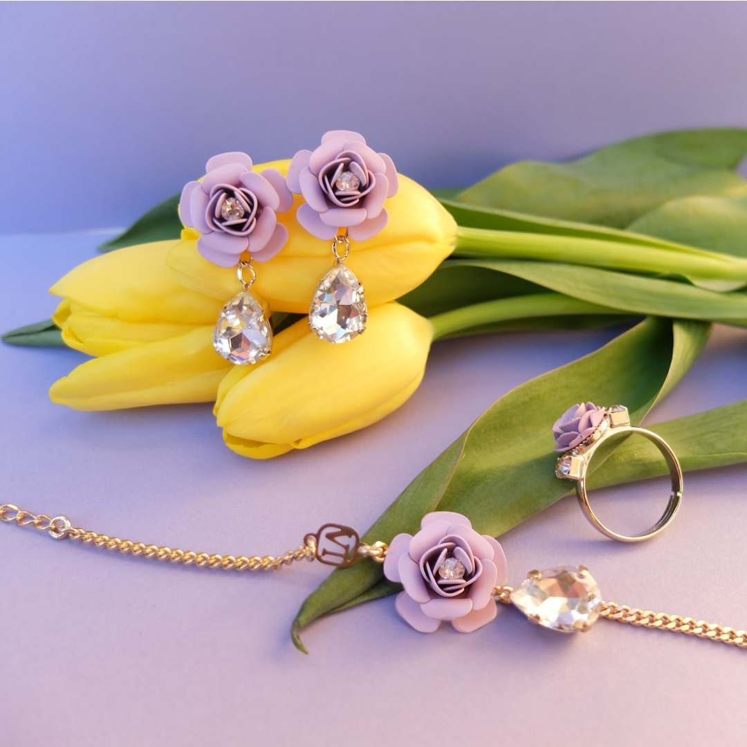 "Camelia" Dangle Earrings Wisteria with Crystal Drop 