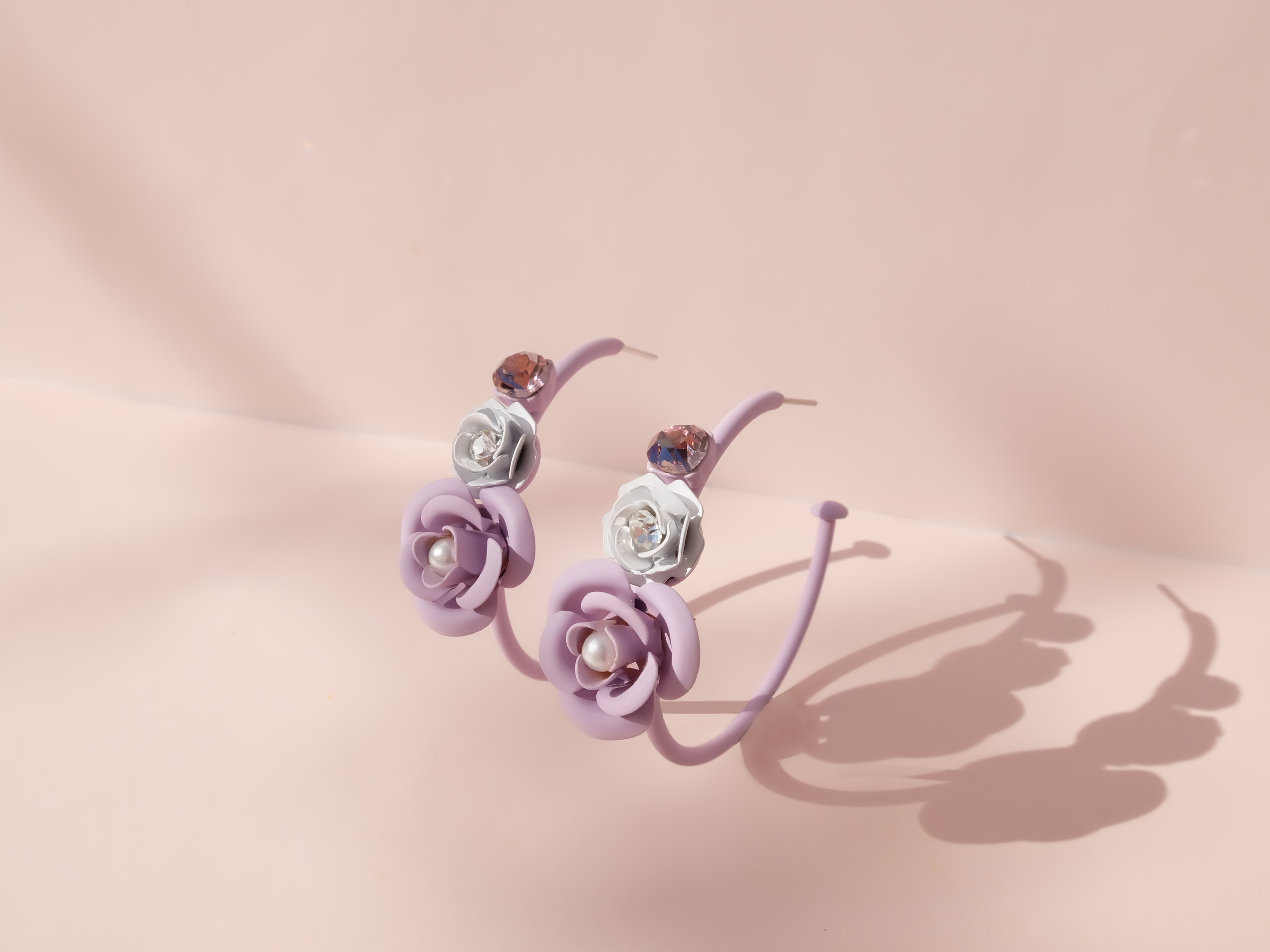 "Violetta" Hoop Earrings - Wisteria and White with Crystal