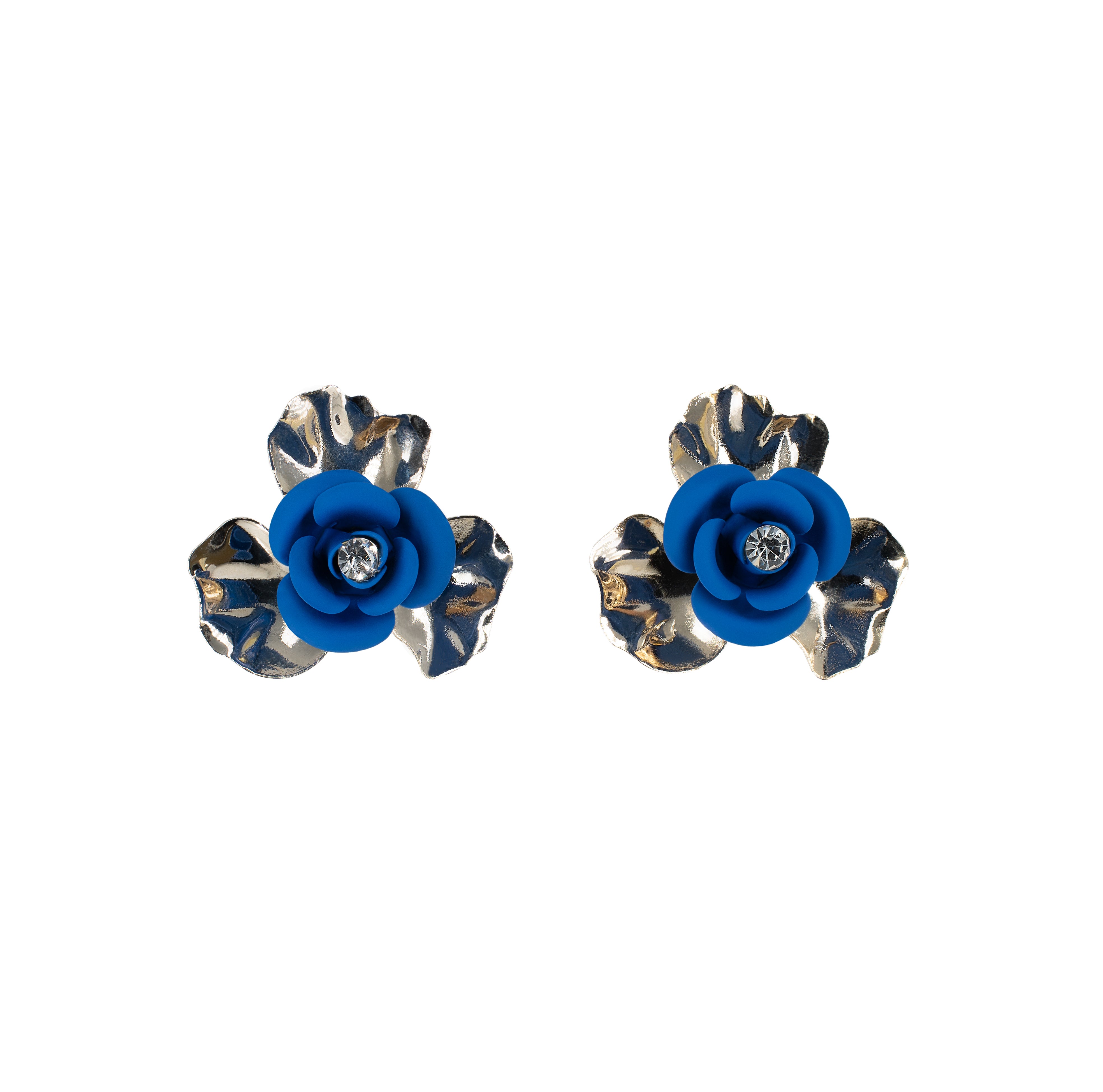 "Peony Sunset" Stud Earrings - Electric Blue with Central Crystal 