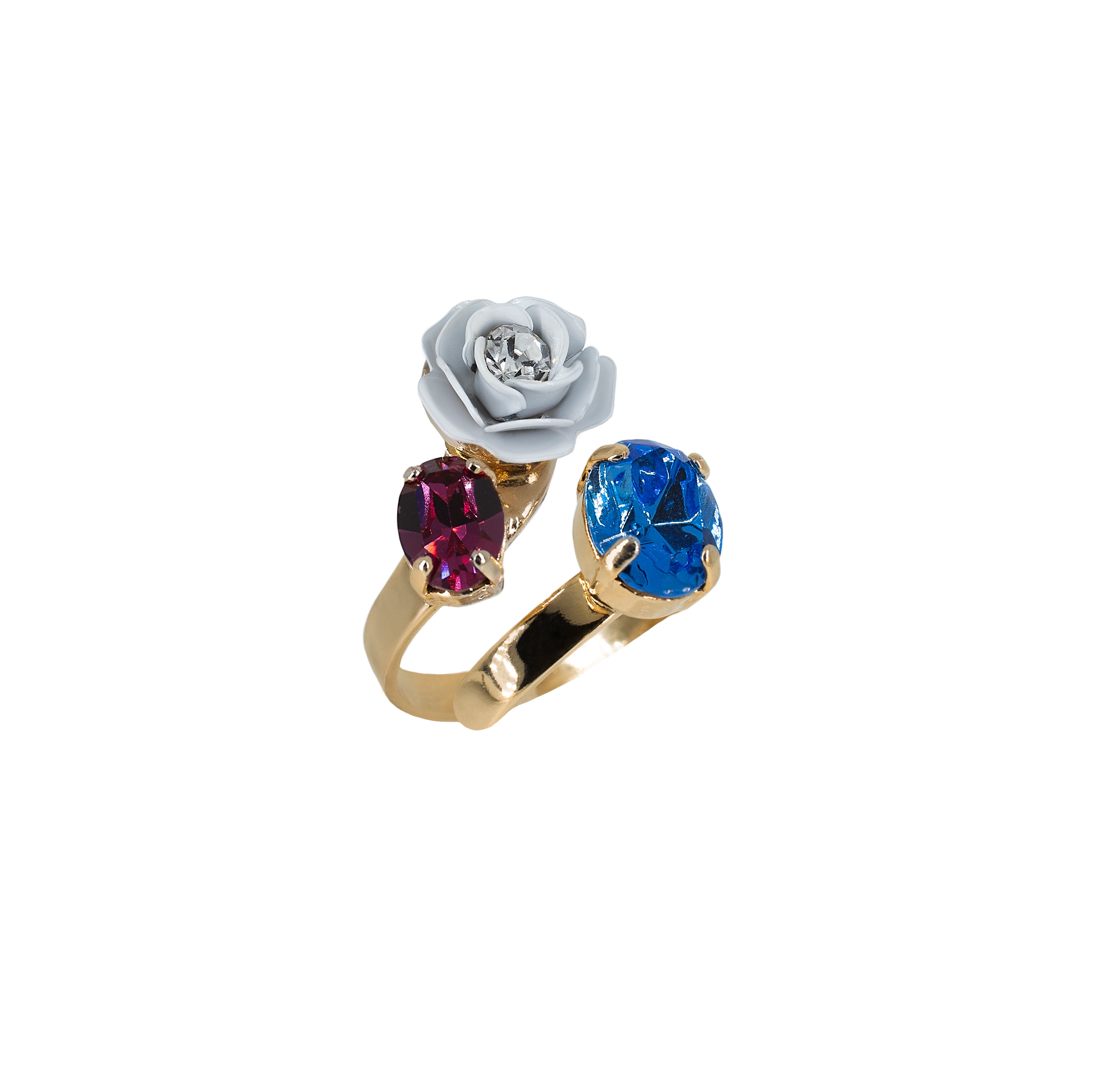 Adjustable Ring "Bougainville Decò" White with Colored Crystals 