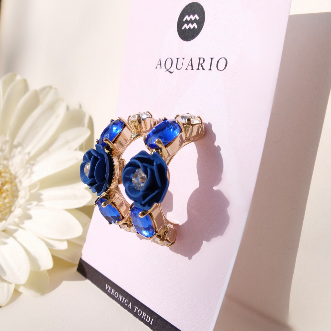 "Aquarius" Hoop Earrings with Blue Camellia and Crystals