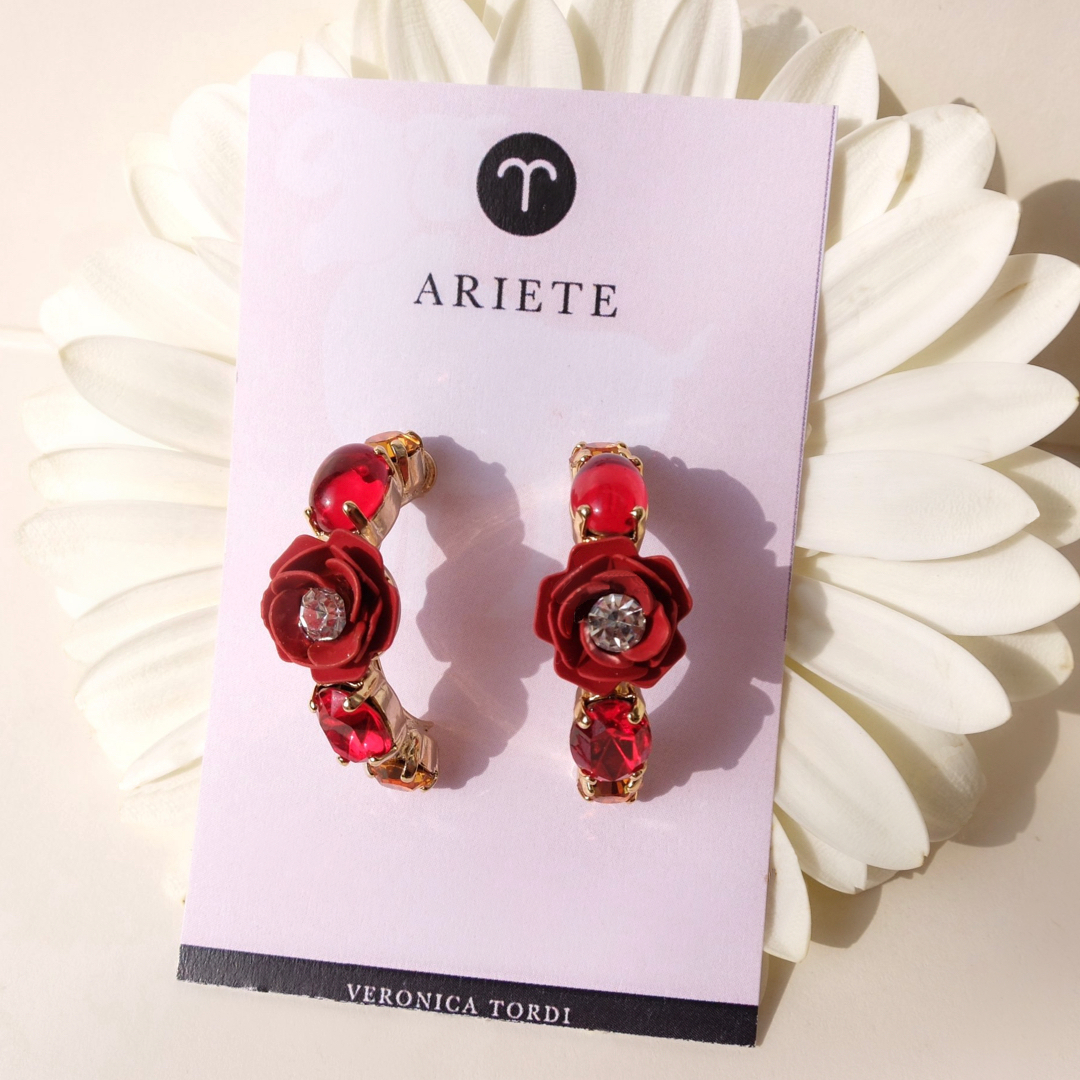 "Aries" Hoop Earrings with Red Camellia and Crystals