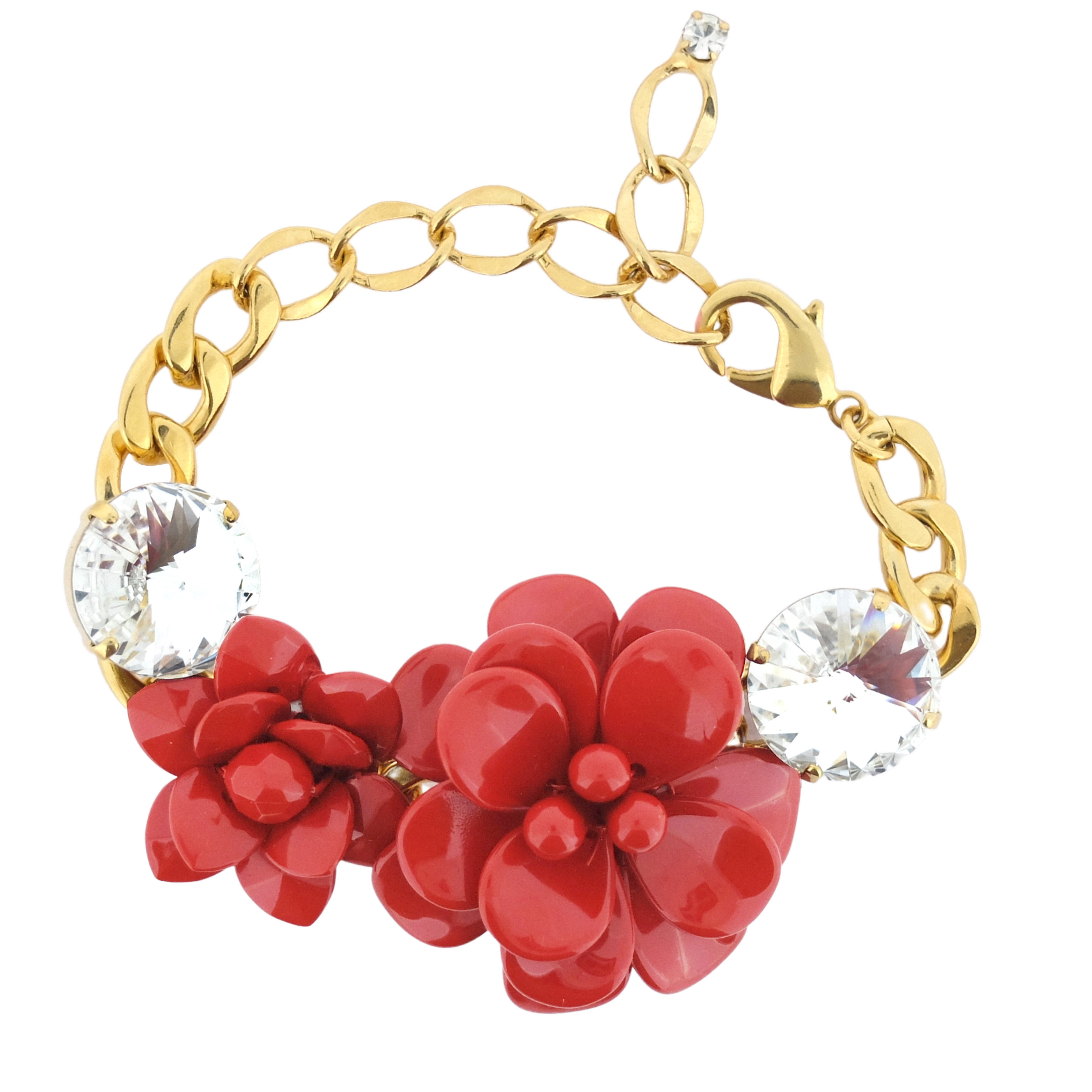 Red Hibiscus Bracelet with Crystal Stones 