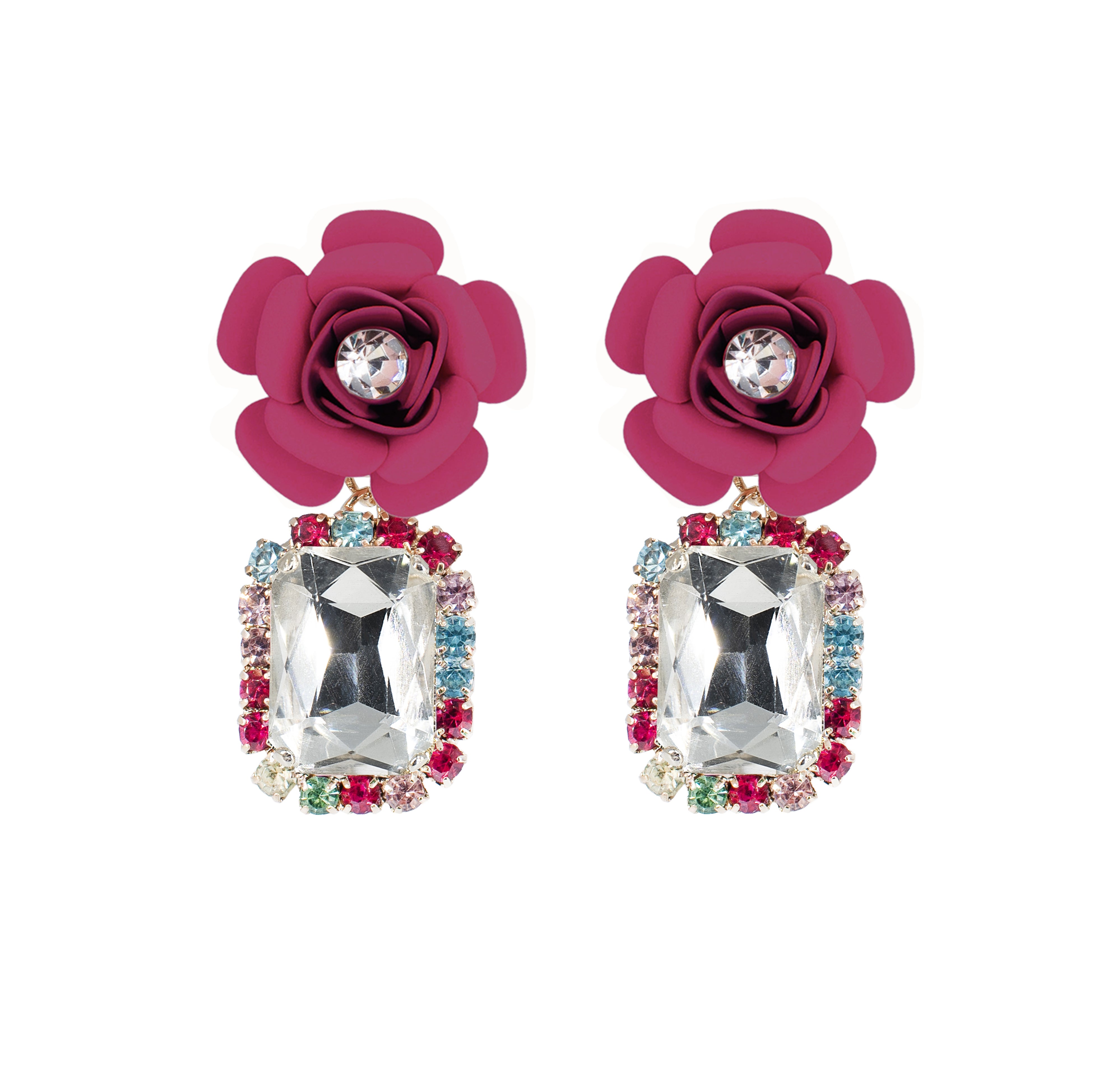 "Camelia" Fuchsia Earrings with Multicolor Crystals 