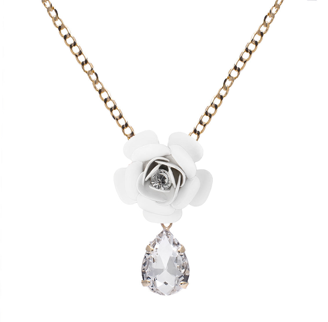 White "Camelia" Pendant Necklace with Crystal Drop 