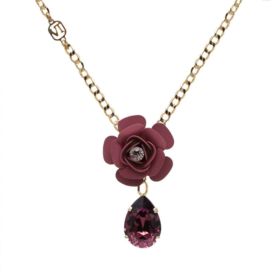 "Camelia" Cherry Pendant Necklace with Amethyst Drop 