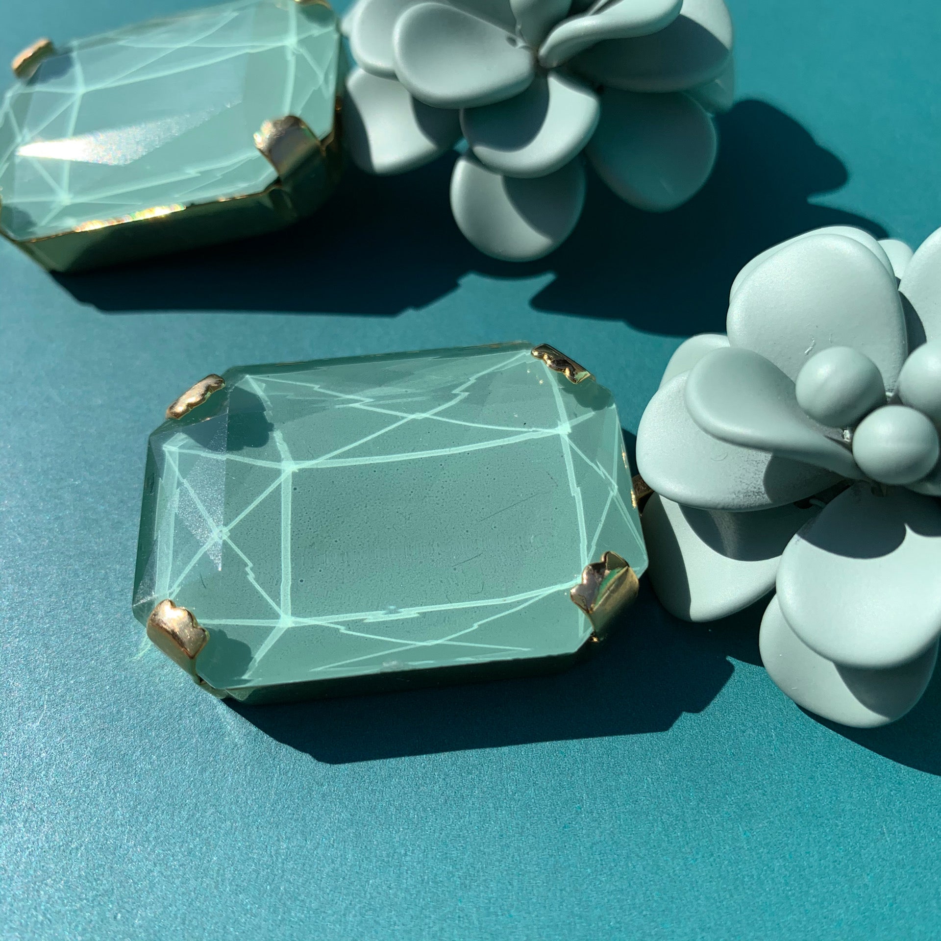 Green Sage Hibiscus with Rectangular Stone