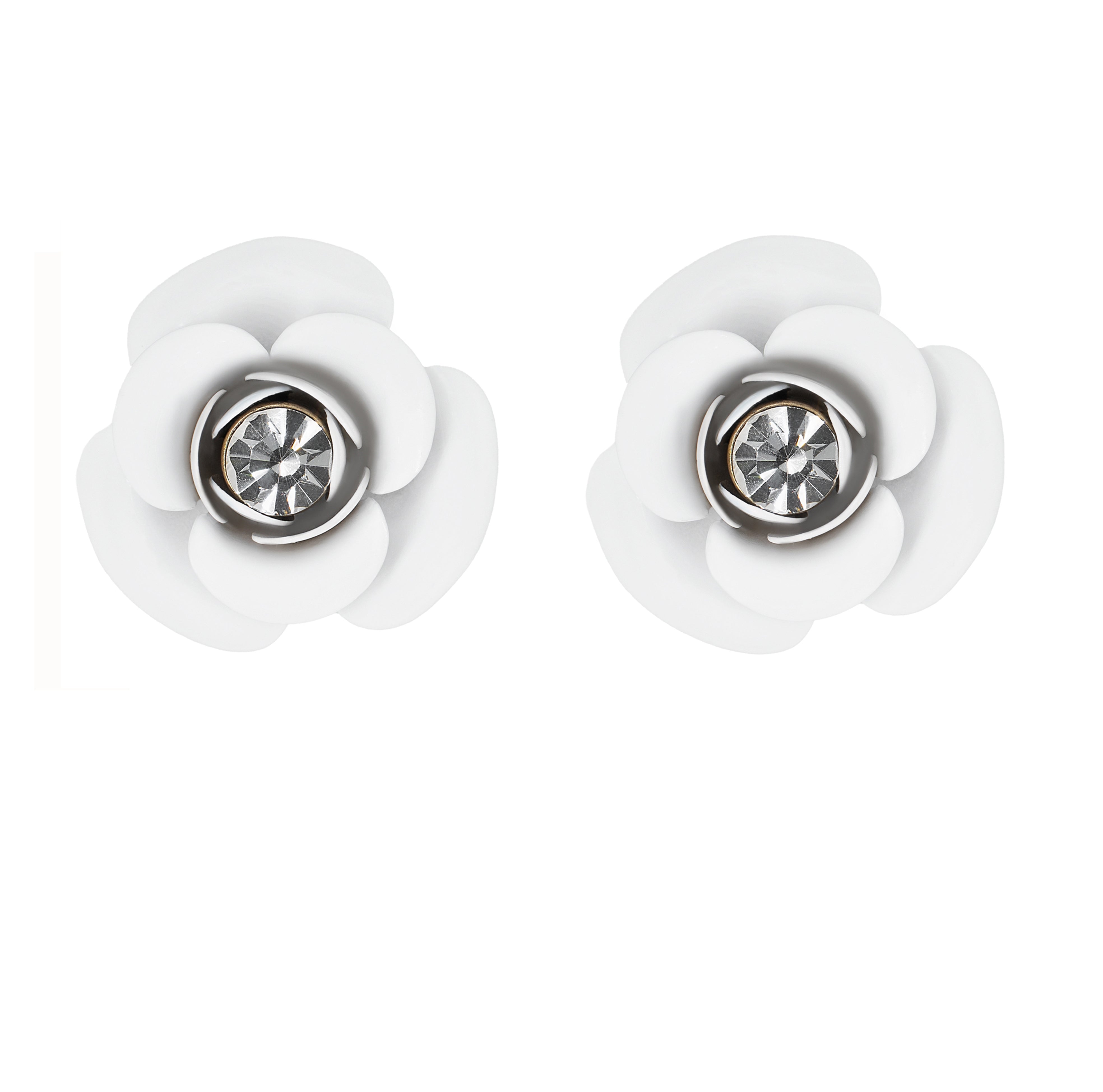 Single "Peony" Stud Earrings - White with Central Crystal