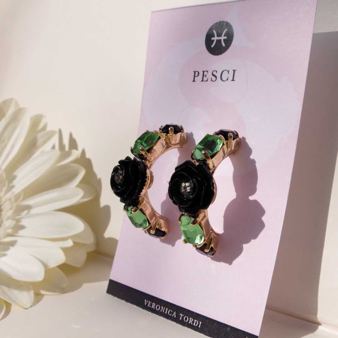 "Pisces" Hoop Earrings with Shiny Black Camellia and Crystals