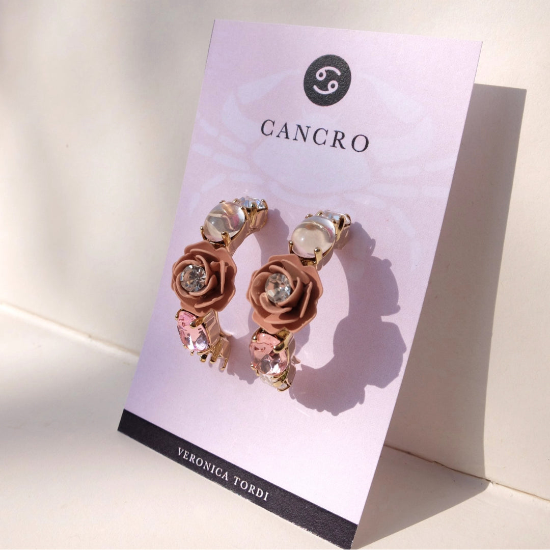 "Cancer" Hoop Earrings with Pink Camellia and Crystals