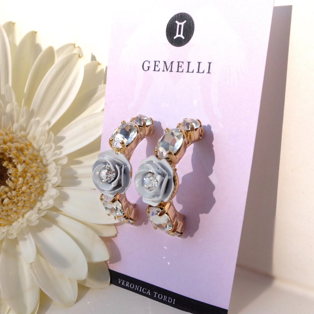 "Gemini" Hoop Earrings with White Camellia and Crystals