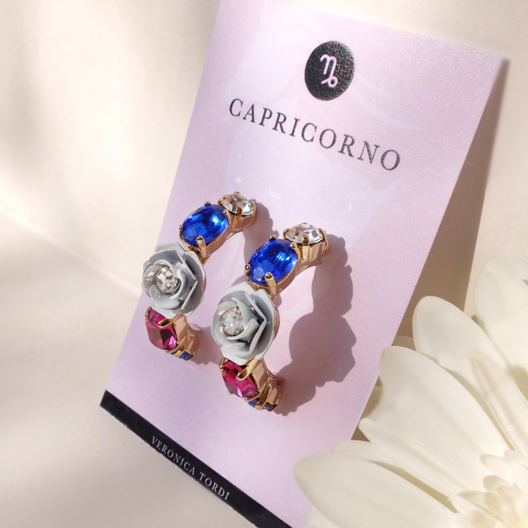 "Capricorn" Hoop Earrings with White Camellia and Multicolored Crystals