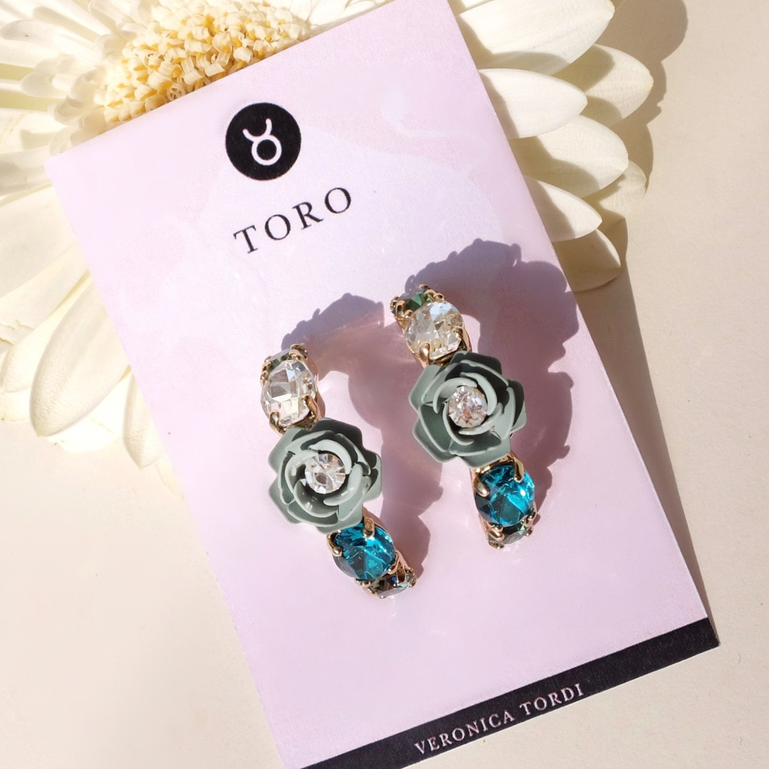 "Toro" Hoop Earrings with Sage Green Camellia and Crystals